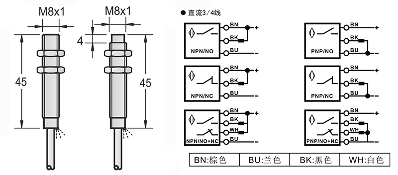 M8-45mm圓柱標(biāo)準(zhǔn)型接近開(kāi)關(guān)出線(xiàn)式